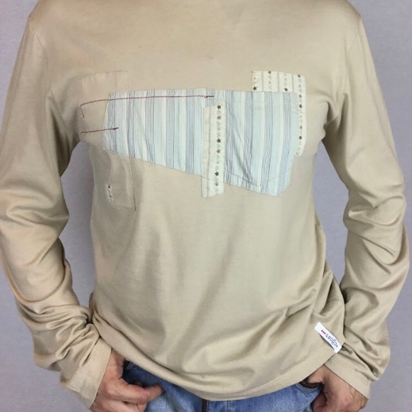 Incredible Produx Designer's Top beige crew neck long sleeves light sand patches - Picture 2 of 7